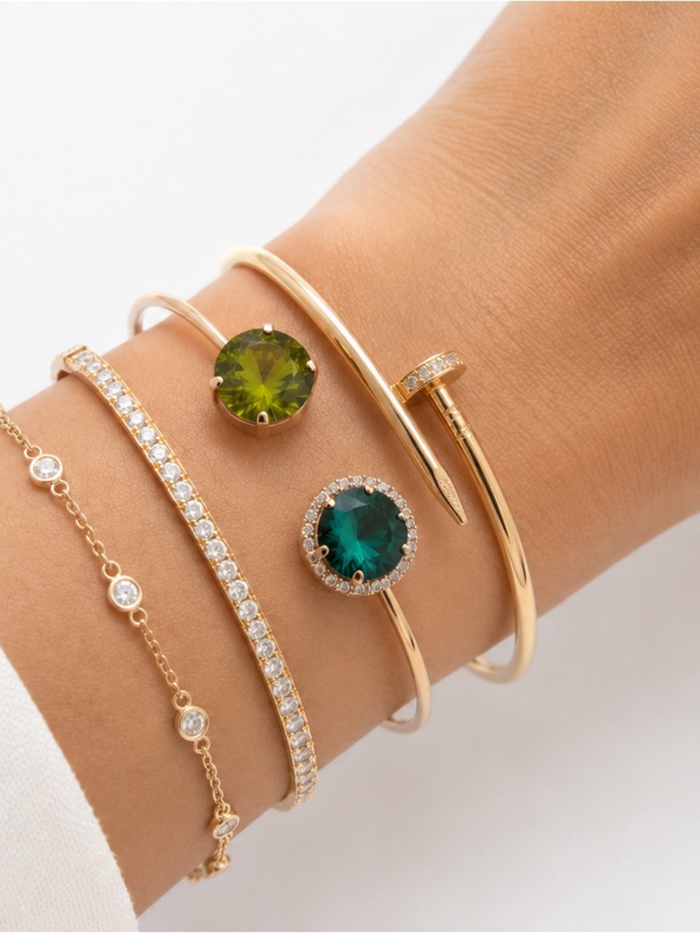 Handmade Crystal Open Cuff Bracelet Gold Tone Green Swarovski Crystals